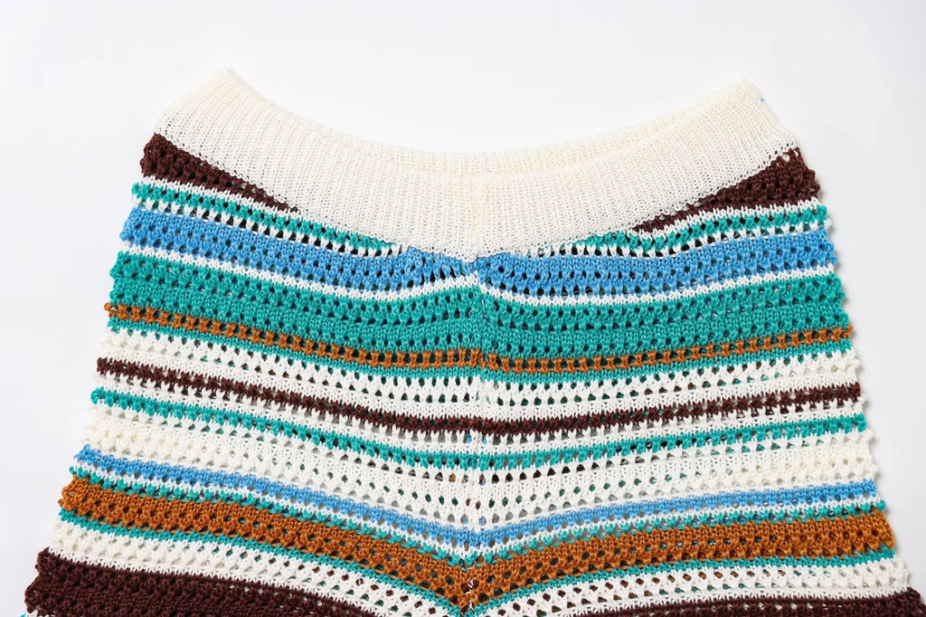Women's Y2K Crochet Knit Crop Sweater & Shorts Set – Polo Collar Striped Patchwork Hollow Out