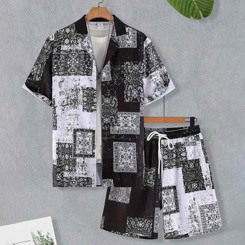 Men's Hawaiian Paisley Print Shirt & Drawstring Shorts Beach Party Set