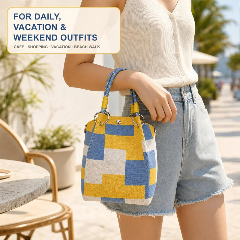 Mini Knitted Geometric Colorblock Bucket Bag – Detachable Handle Wristlet Purse for Women