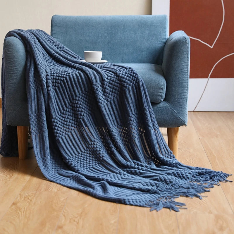 Knitted Acrylic Throw Blanket with Tassels – Chunky Farmhouse Style, 28 Colors & 2 Sizes