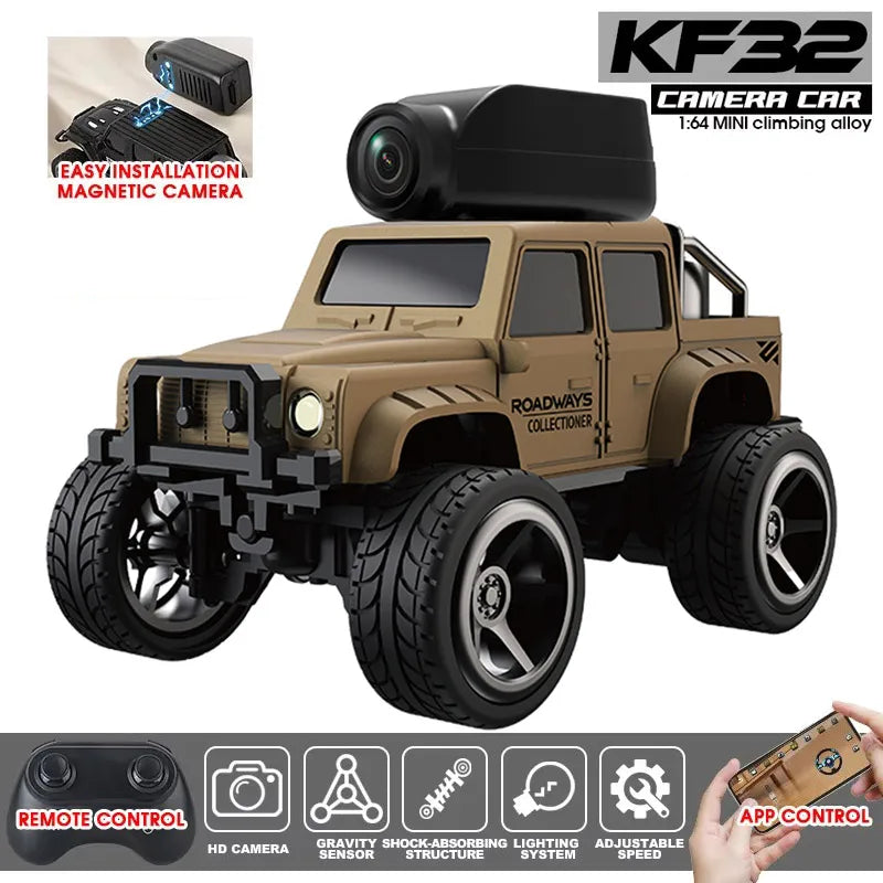 KF32 1:64 Mini RC Climbing Car with LED Lights & HD Camera – Alloy Remote Control Toy
