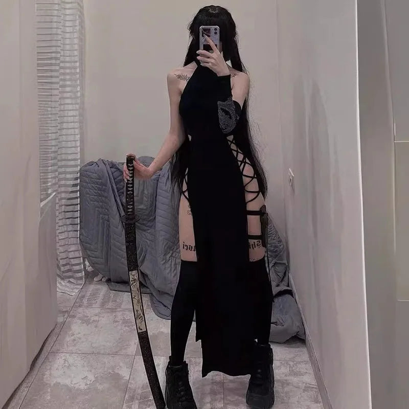 Gothic Halter Bandage Midi Dress — High Split Sexy Alt Partywear