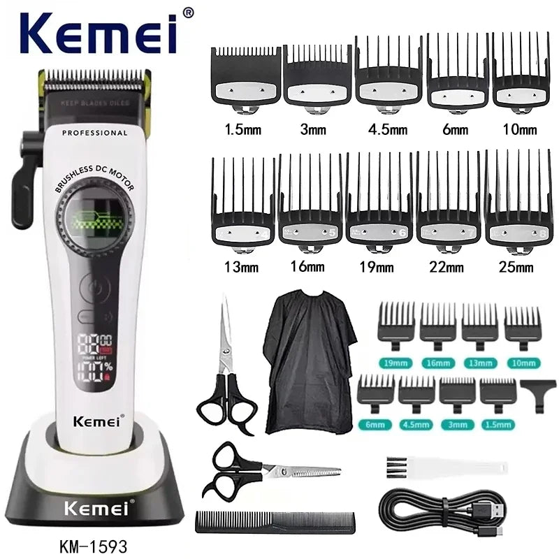 Kemei KM-1593 / KM-1595 Brushless Hair Clipper – DLC Blade, 8000 RPM, 200-Min Runtime, USB-C