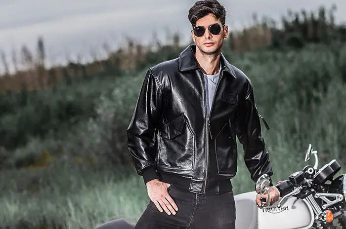 Men's Black Glossy Genuine Cowhide MA-1 Flight Jacket — Military Bomber with Point Collar
