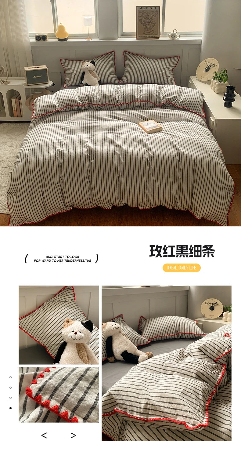 100% Cotton Stripe Duvet Cover Set – 3-Piece Bedding with 2 Pillowcases, 3 Sizes