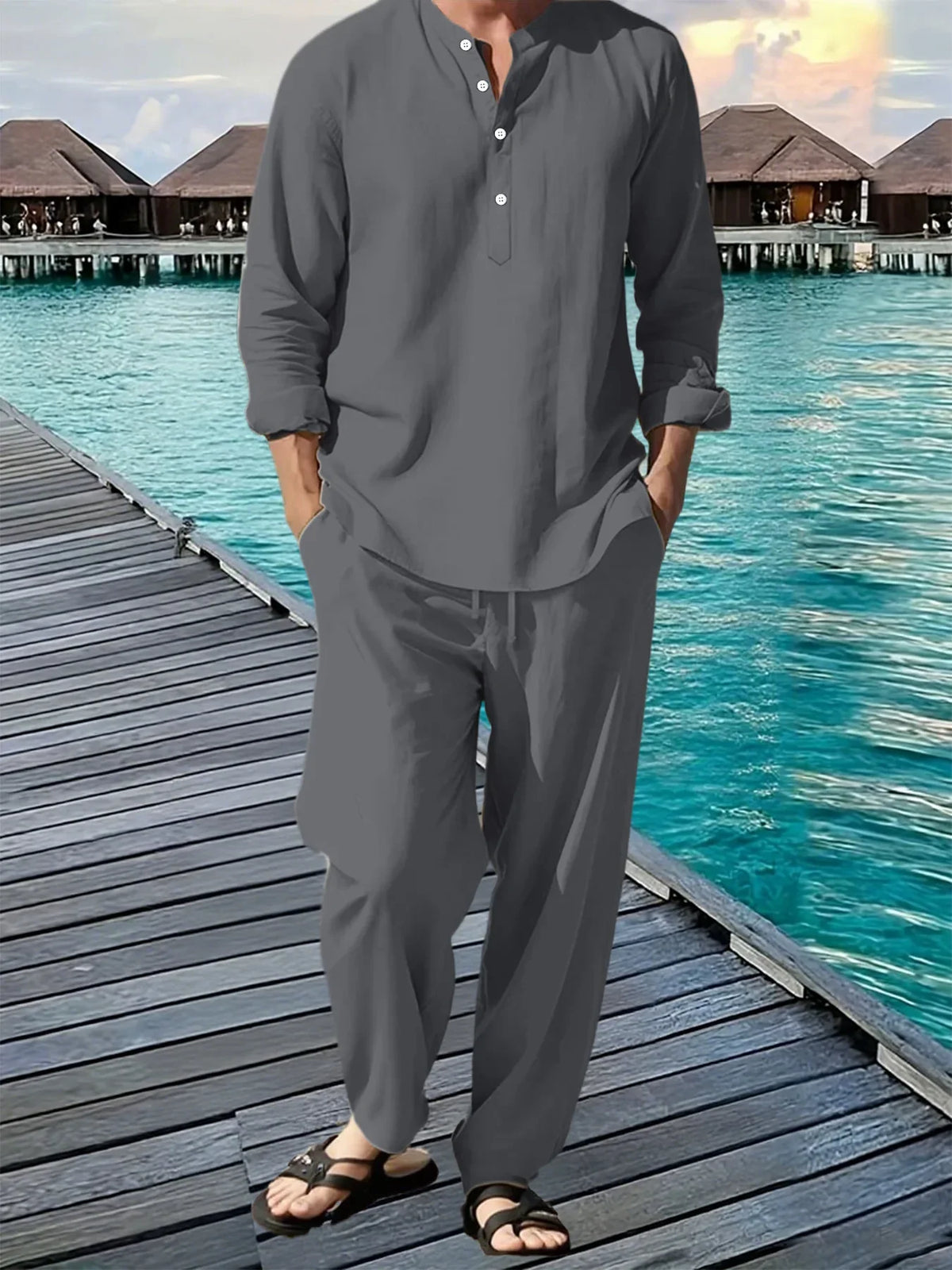 Men's Hawaiian Beach Shirt & Loose Jogger Pants Set – Breathable Vacation Casual Long Sleeve Suit