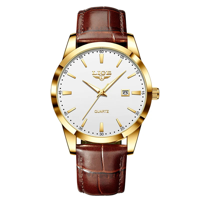 LIGE Men's Brown Leather Chronograph Watch | Military Sport Casual Waterproof Quartz Wristwatch