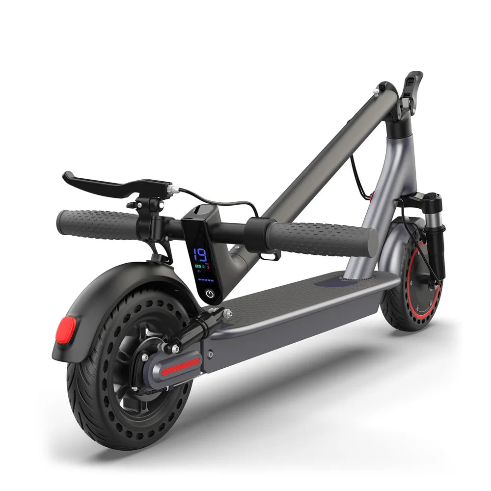 Gray foldable electric scooter with digital display, front suspension and 10-inch tires.