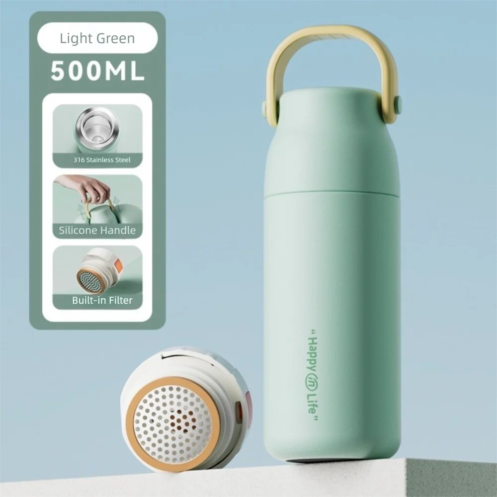 500ml Handheld Vacuum Thermos Bottle – 316 SS Interior, 360° Leakproof, CIQ Certified, Light Green/White/Orange