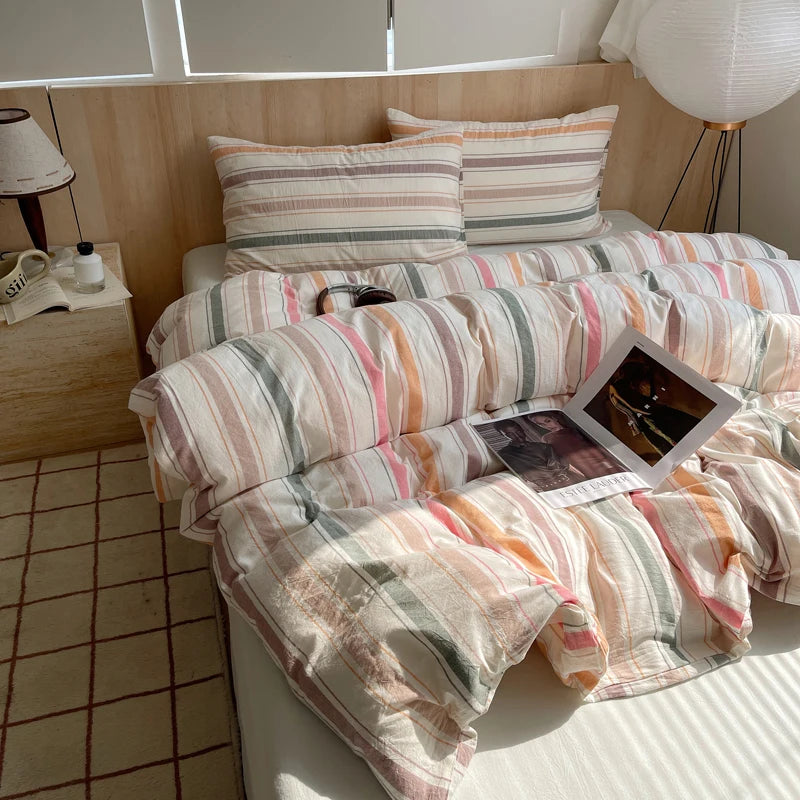 100% Cotton Stripe Bedding Set – Duvet Cover with Pillowcases, Twin to King