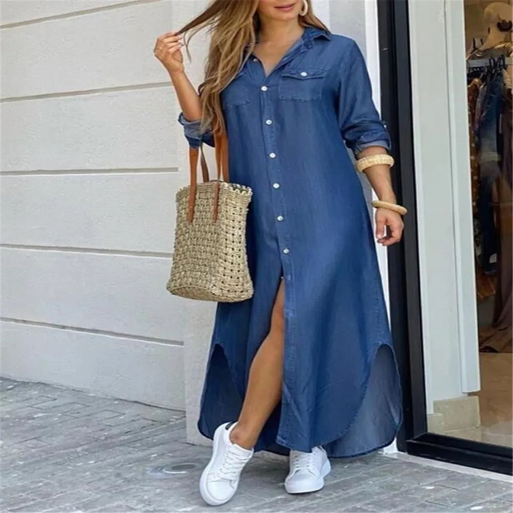Lapel Literary Print Long Shirt Skirt Dress — Loose Single-Breasted Casual Women's Dress