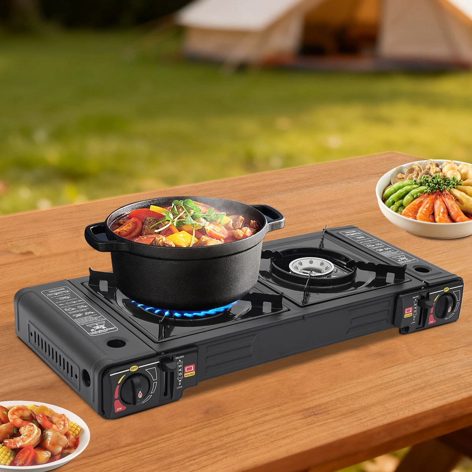 2-Burner Portable Camping Stove — 2500W Each, Butane/LPG, Piezo Ignition, Carry Case Included