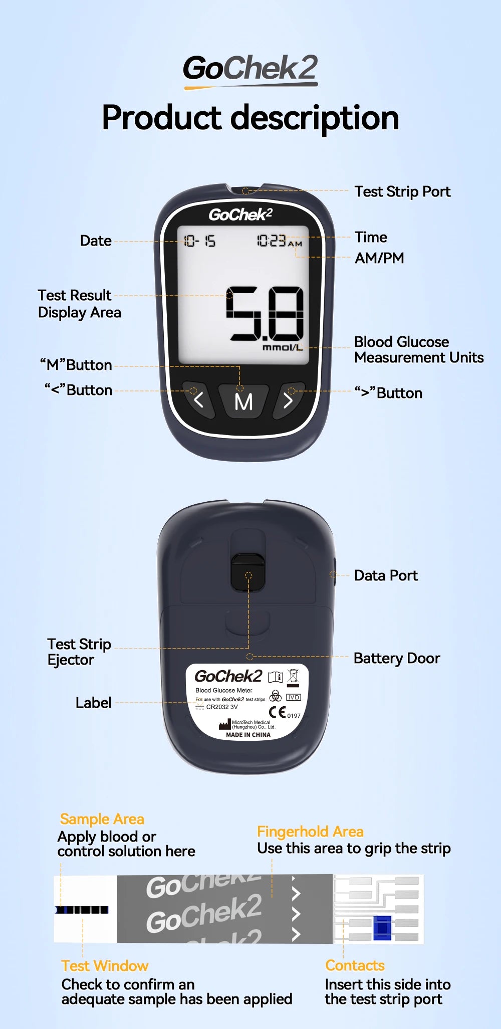 Microtech Gochek2 Blood Glucose Meter – 110 Test Strips & Lancets Included for Diabetes Testing