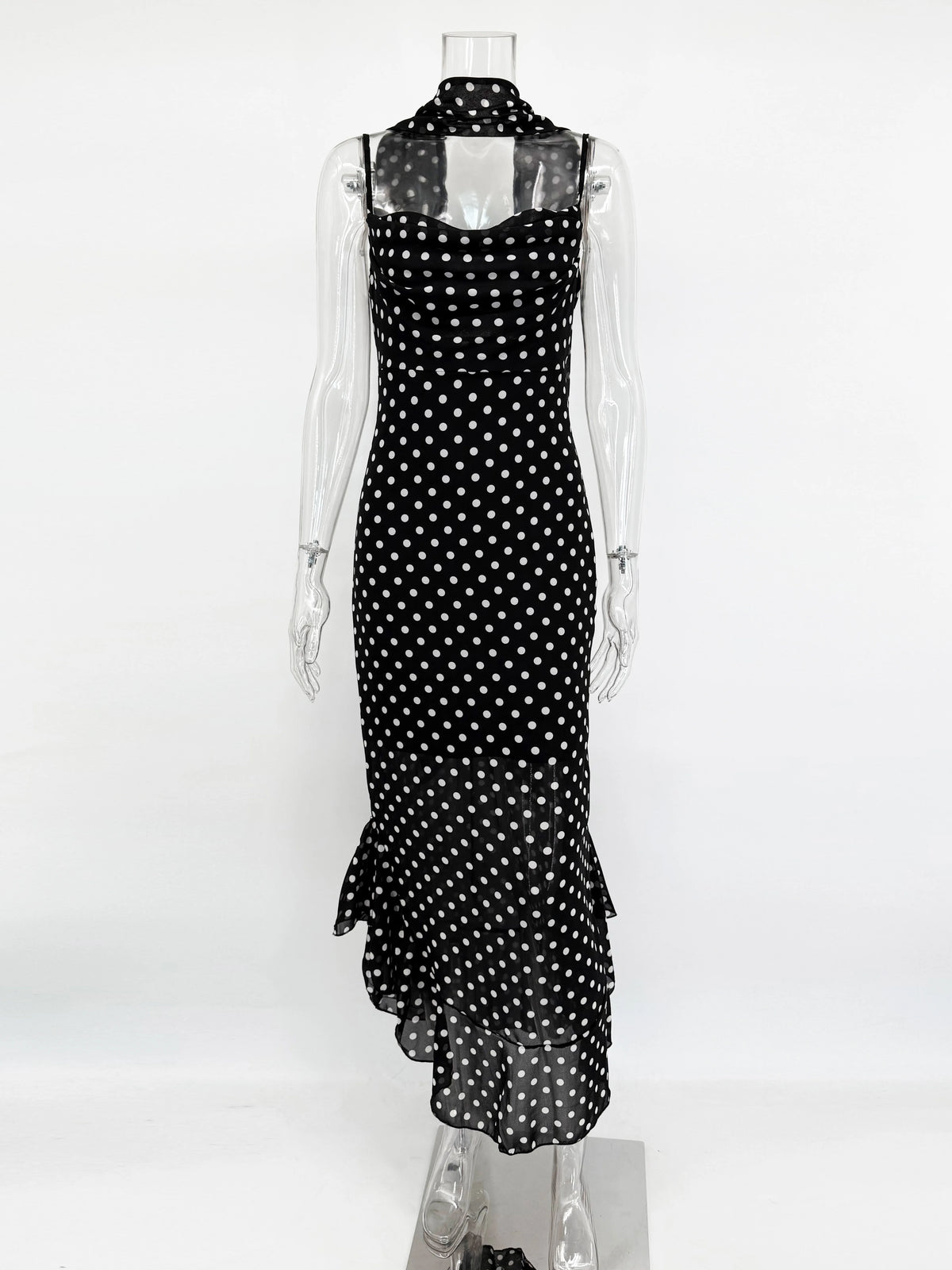Elegant Polka Dot Halter Pleated Maxi Dress – Ruffle Sleeveless Evening & Party Dress