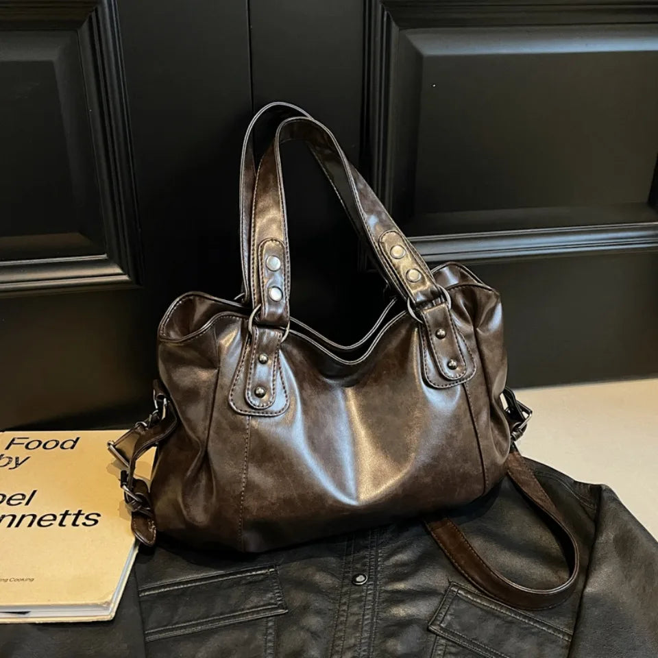 Retro Luxury PU Leather Tote Bag – Large Capacity Solid Color Crossbody Shoulder Bag for Women