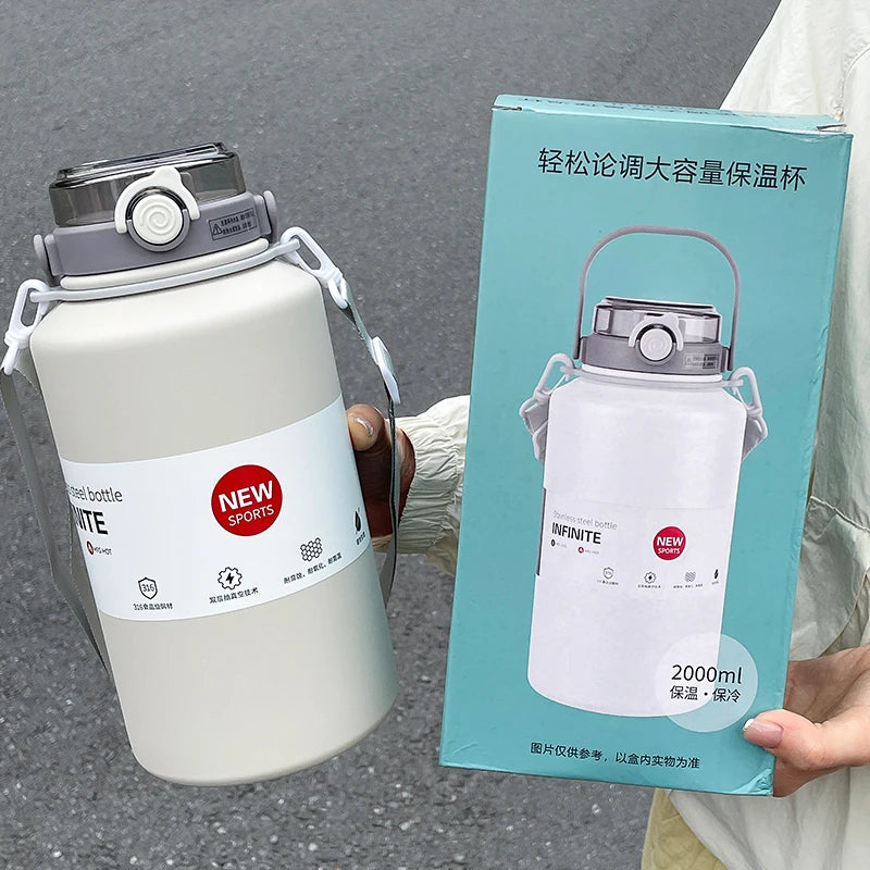 2000ml Large Capacity Insulated Stainless Steel Water Jug with Handle & Dual Lids – 24Hr Cold, 12Hr Hot