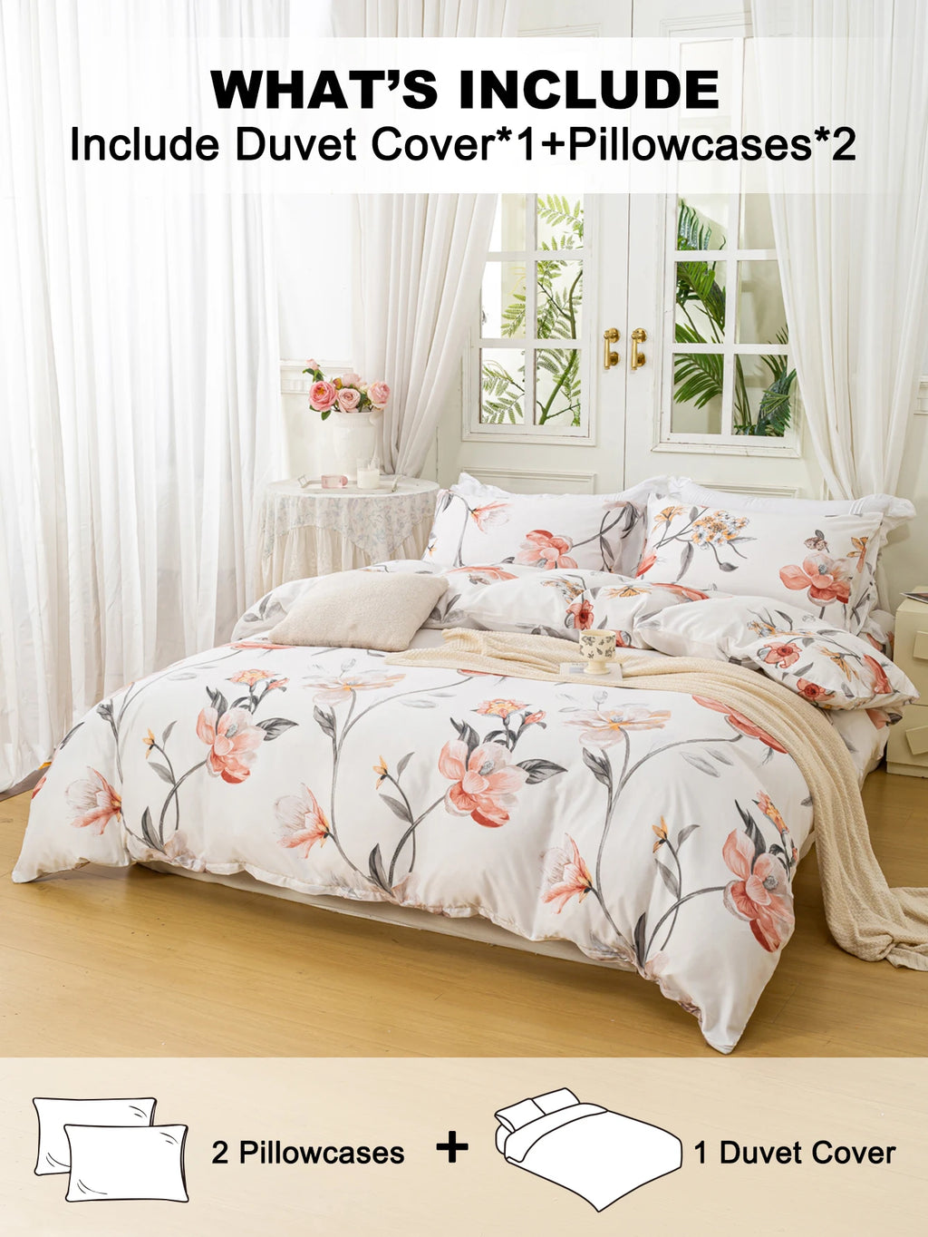 Leaf Floral Print Duvet Cover Set – Soft 3-Piece Bedding with 2 Pillowcases, 2 Colors & 11 Sizes