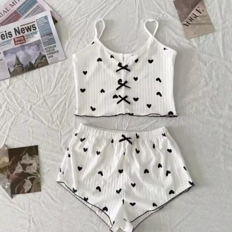 Women's Heart Print Frill Trim Cami Top & Shorts Loungewear | Soft Ribbed Pajama Set