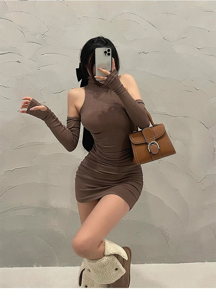 High Neck Lace-Up Pleated Mini Dress — Sleeveless Elastic Bodycon Party Dress