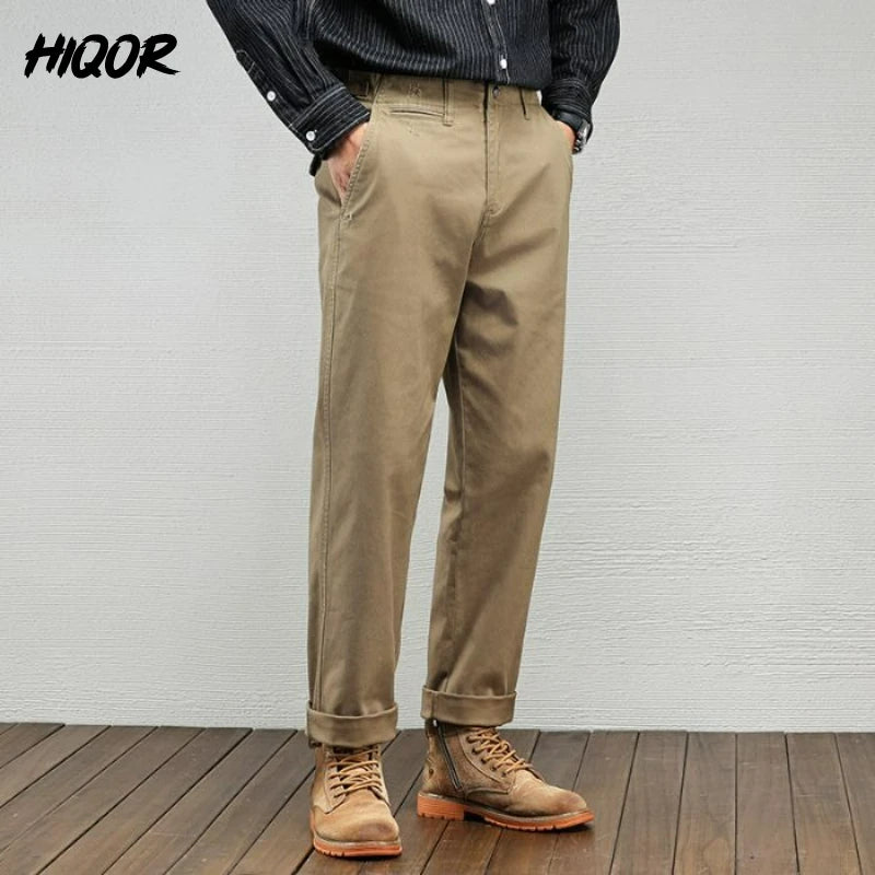 Men's Vintage Straight Leg Cotton Workwear Trousers — Loose Fit Retro Pants for Autumn & Winter