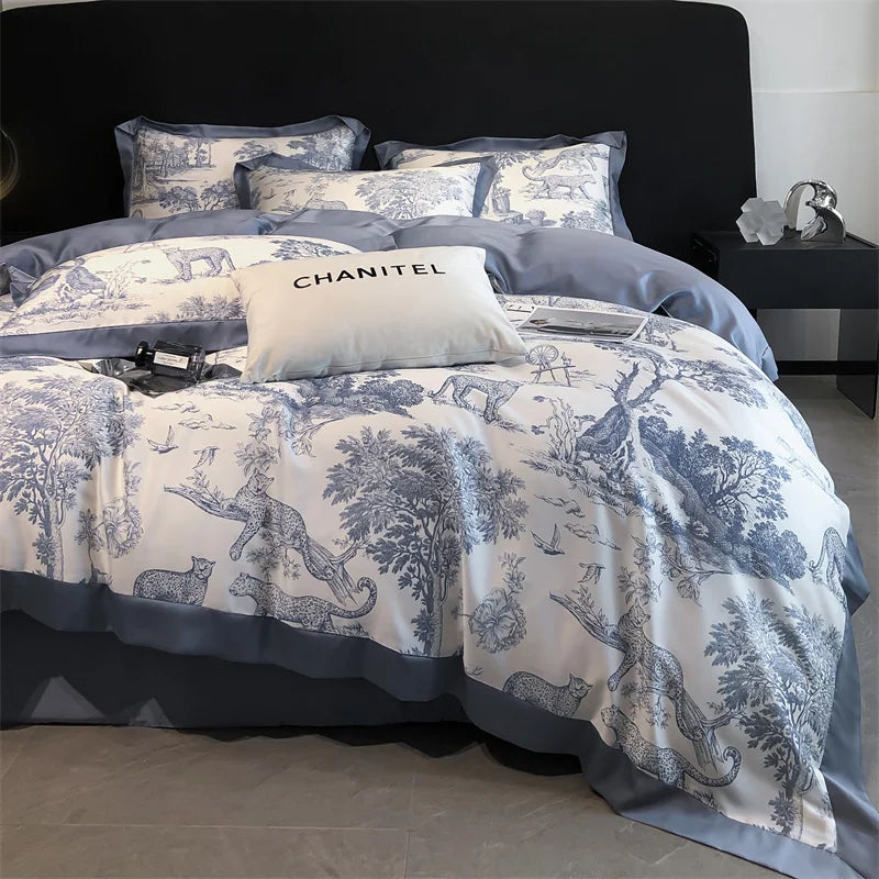 Eucalyptus Lyocell Bedding Set – Silky Soft Forest & Leopard Print Duvet Cover, Bed Sheet & Pillowcases