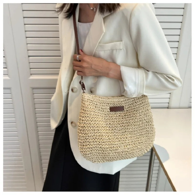 Woven Straw Crossbody Bag – Boho Beach Shoulder Bag for Women
