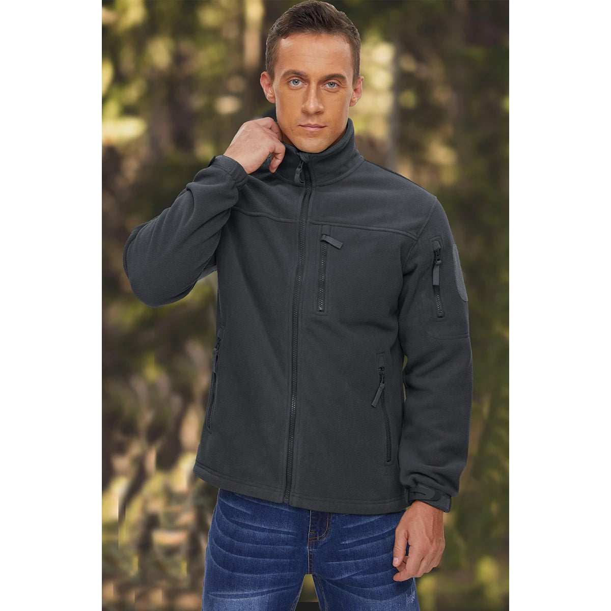 Men's Full Zip Fleece Hiking Windbreaker — Multi-Pocket Outdoor Work Jacket