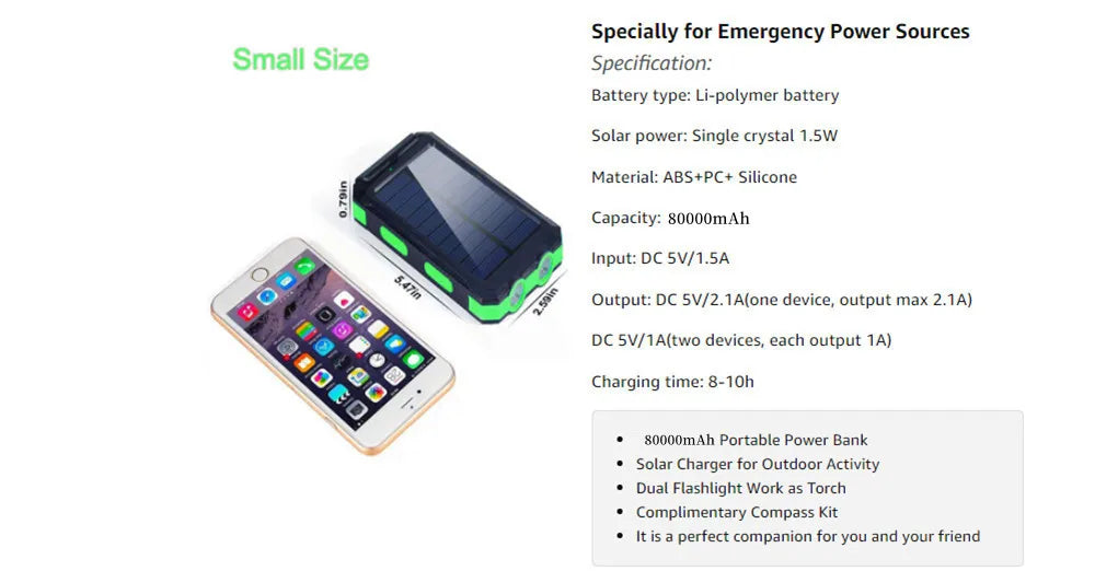 Solar Power Bank 80000mAh — Portable Outdoor Charger with Solar Panel