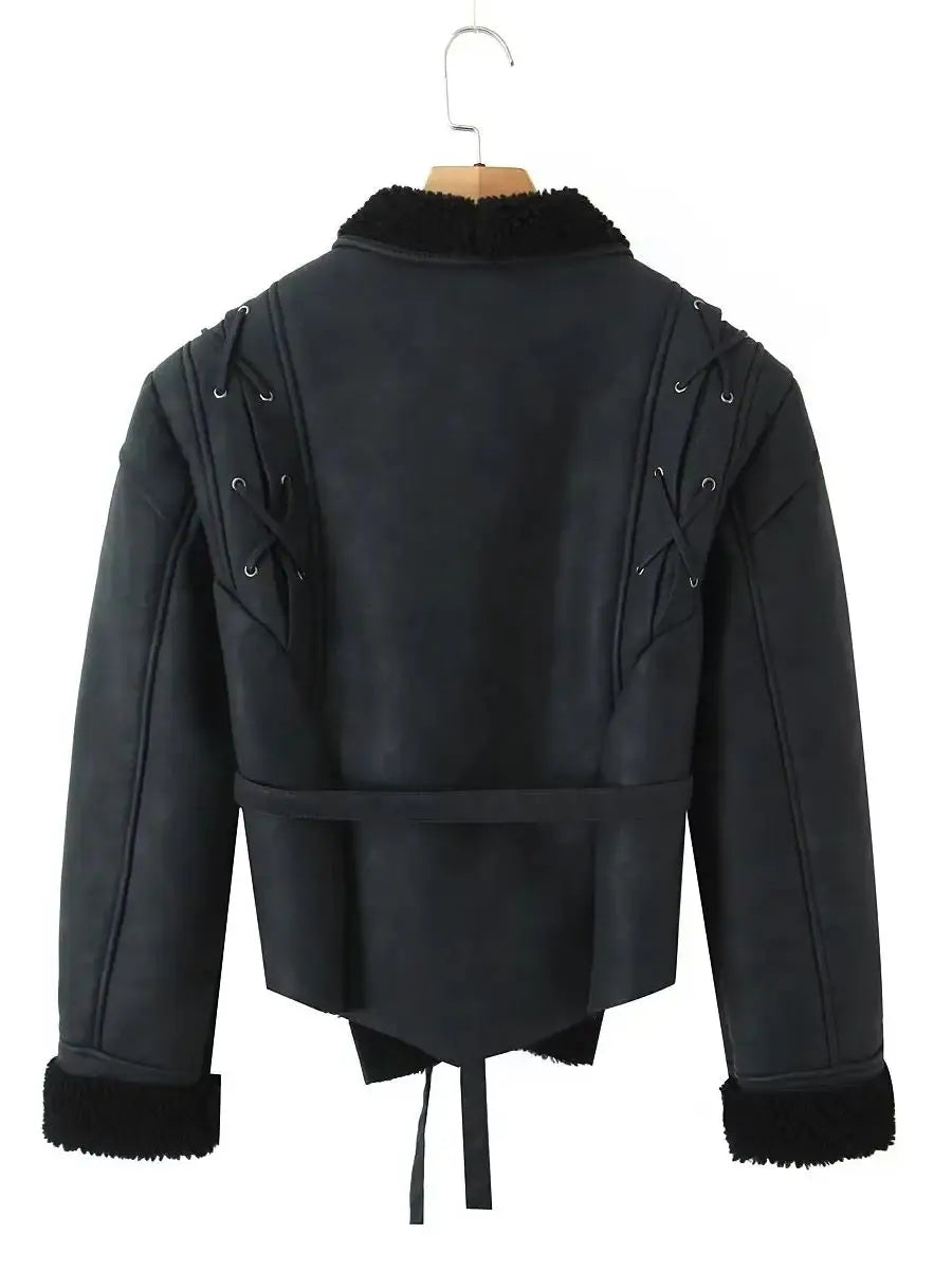 Leather Jackets Women's With Belt Fur Coat Streetwear Fashion Solid Outwear Woman Elegant Jackets Chaqueta De Cuero Para Mujer