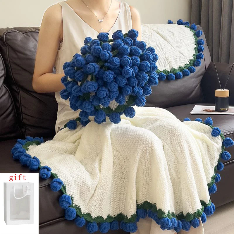 Rose Blanket Bouquet – Handmade Crochet Roses with Gift Bag, Valentine's Day & Birthday Gift for Girlfriend