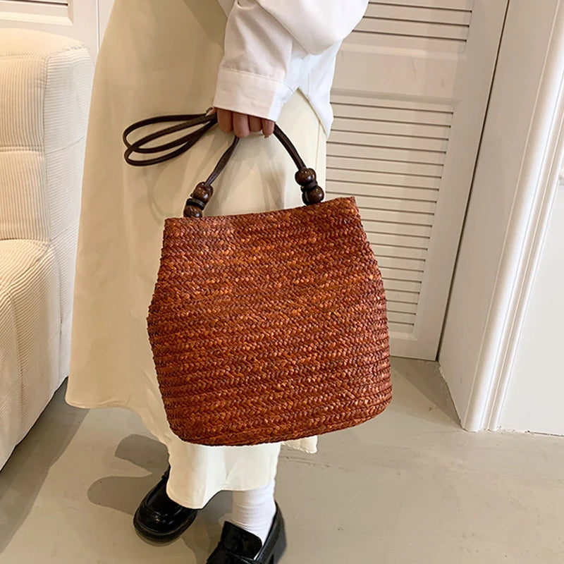 Handmade Straw Rattan Woven Tote Bag – Bohemian Beaded Summer Beach Shoulder Bag for Women