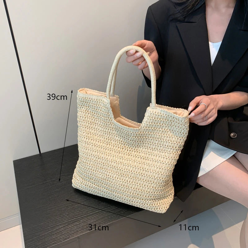 Handmade Straw Rattan Woven Tote Bag – Bohemian Beaded Summer Beach Shoulder Bag for Women