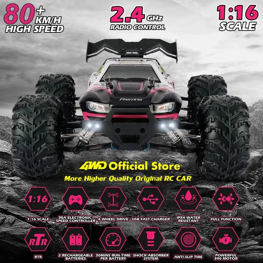 4WD 1:16 Scale High Speed Brushless RC Car – 50 or 80KM/H Off-Road Drift Racing Buggy Truck