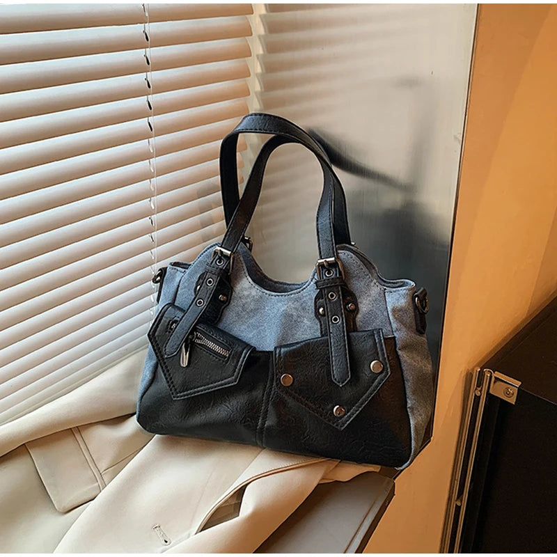 Retro Color-Block Satchel Shoulder Bag – European Style PU Leather Tote Handbag for Women