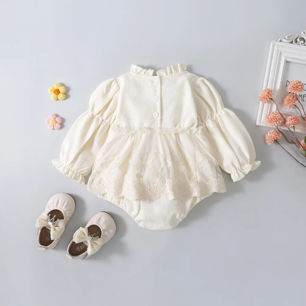 Baby Girl Tutu Skirt Bodysuit — Waffle Lace One-Piece Party Outfit for Toddlers