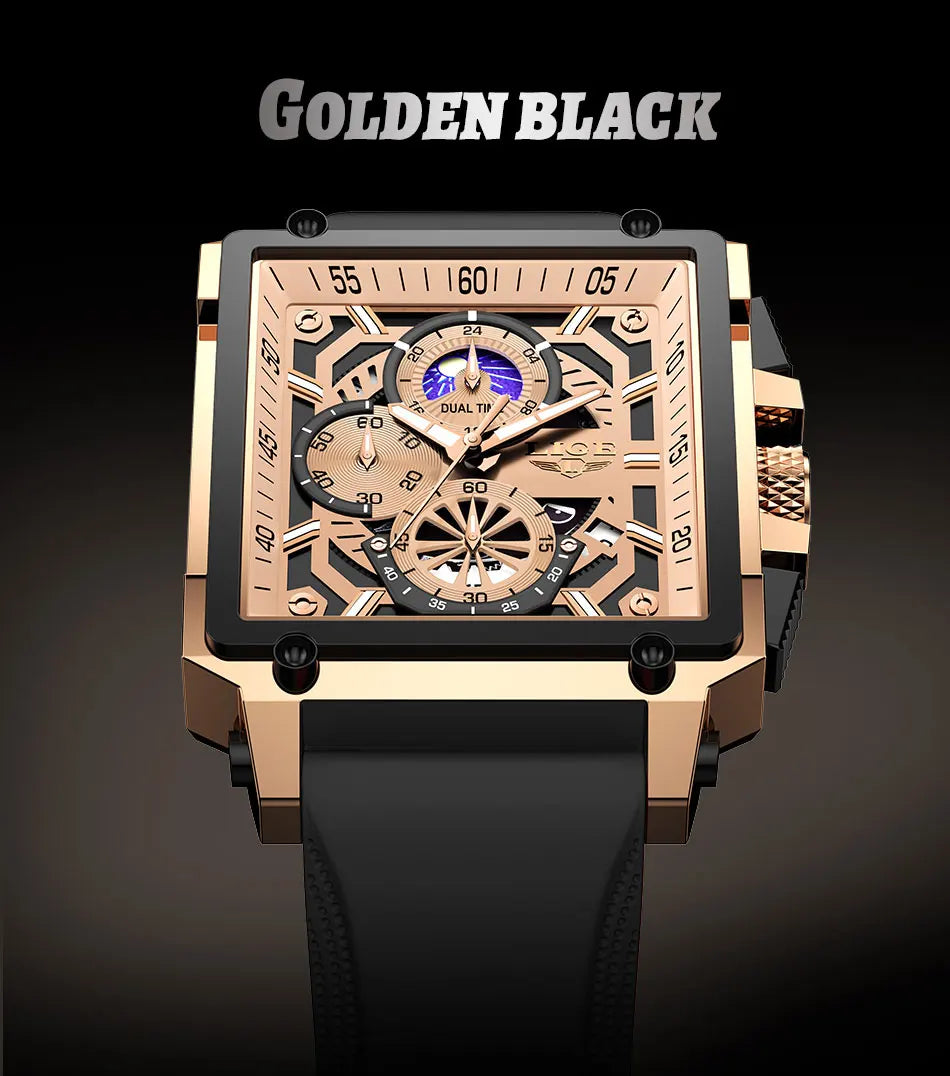 LIGE Men's Hollow Square Sport Watch | Fashion Silicone Strap Waterproof Quartz Wristwatch with Box