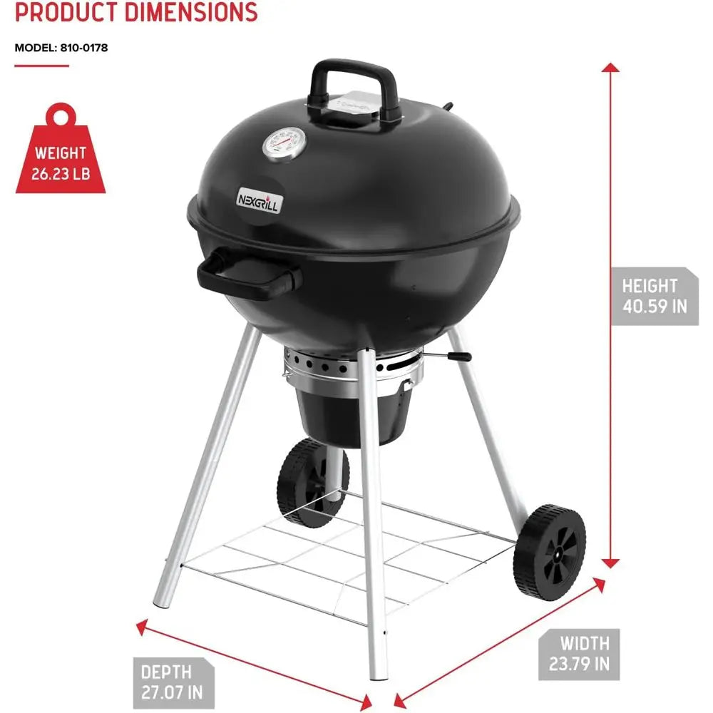 22.5" Charcoal Grill | 362 Sq. In. Cooking Space, Adjustable Air Vent, Built-In Thermometer, Porcelain-Enameled, Storage Rack, Camping & Picnics