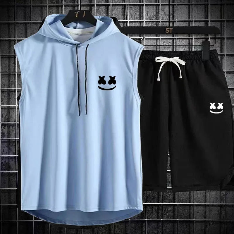Men's Short Sleeve T-Shirt & Elastic Waist Shorts Casual Sport Set