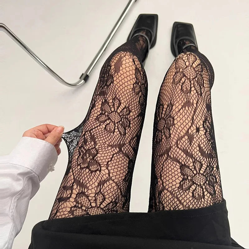 Lolita Floral Thigh-High Fishnet Stockings — Sheer Patterned Hosiery
