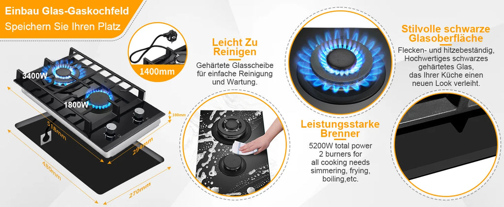 EU Certified 2-Burner Gas Hob – 30cm Tempered Glass, Dual Fuel NG/LPG, 5200W, Flame Failure Safety, Black