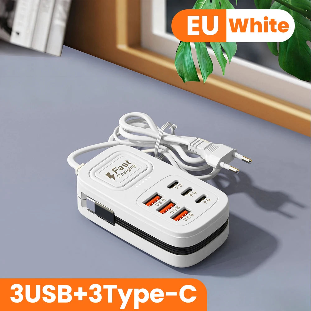 6-Port USB Fast Charging Station – 3 USB-C + 3 USB-A, Desktop Power Strip Hub, EU/UK/US Plug