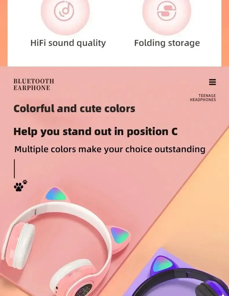 Cat Ears Bluetooth Headphones — Stereo Gaming Headset with Mic