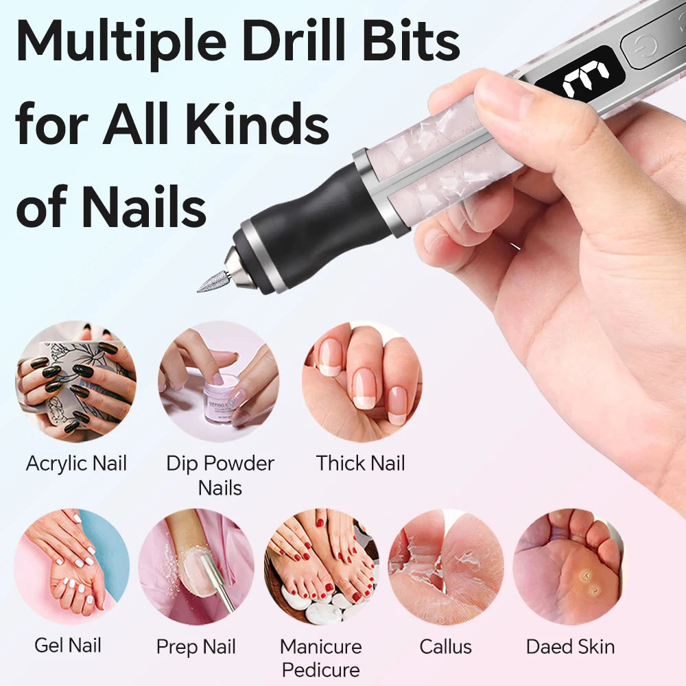 Electric Nail Drill & Polisher – 3 Speeds, 15000 RPM, 12 Drill Bits, LED Display, USB-C