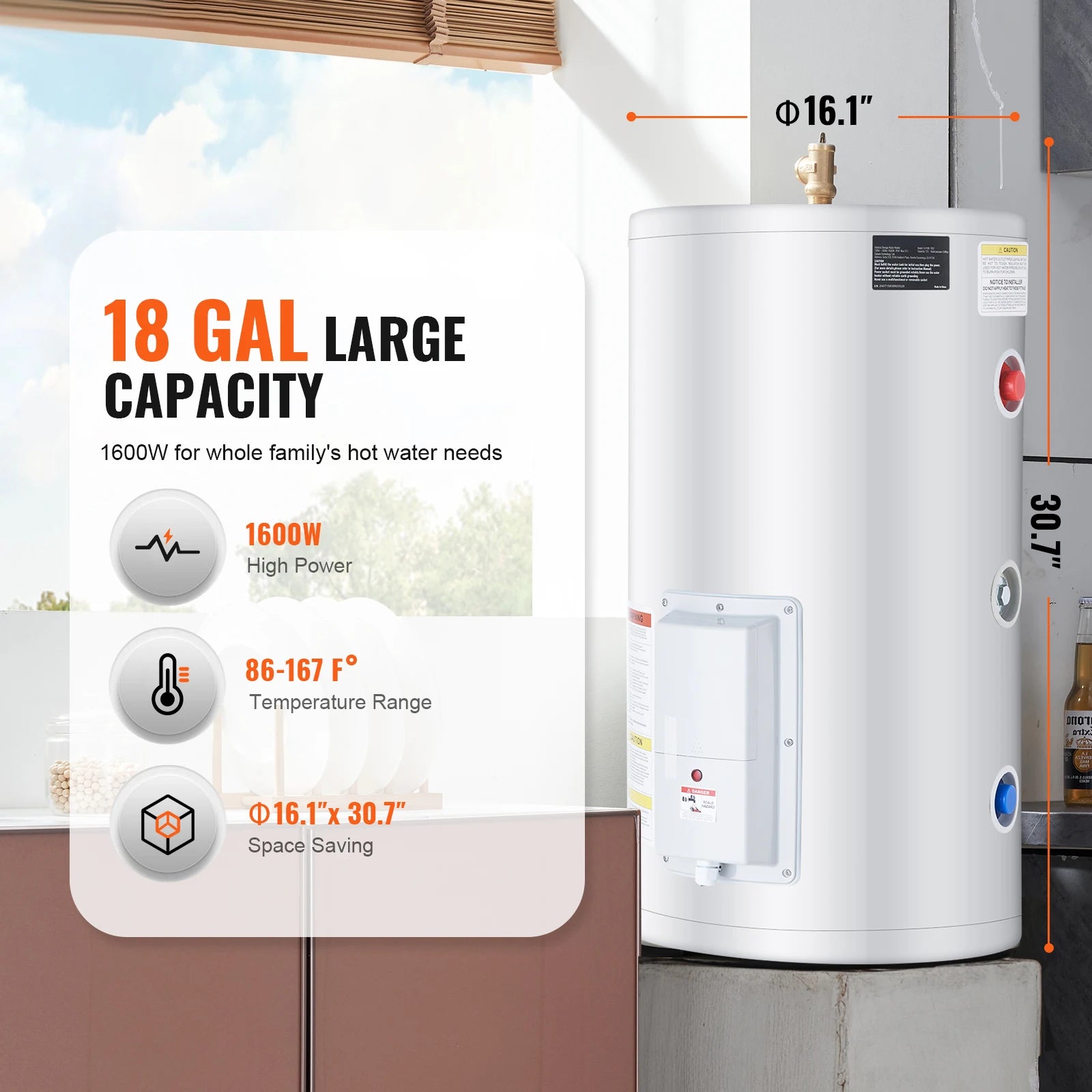 Electric Water Heater Tank 40/70L — 1.6kW Instant Hot Water with LED Display, IPX4