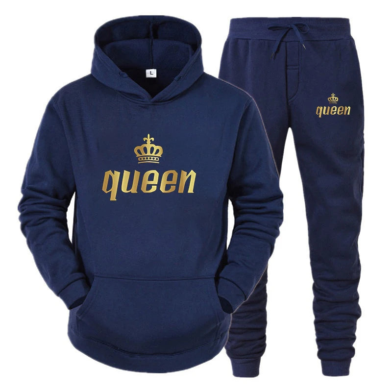 King & Queen Print Hoodie & Pants Set – Couple Autumn Winter Long Sleeve 2-Piece Suit