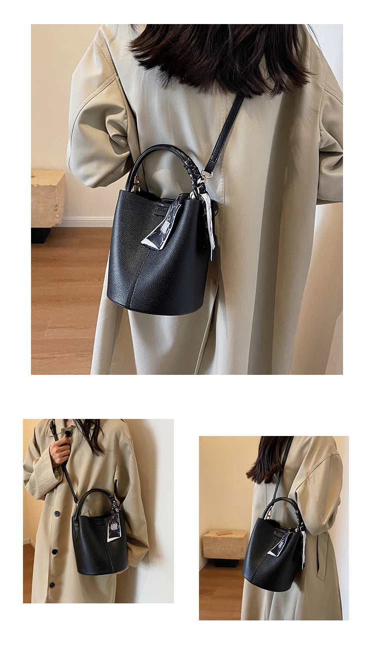 Fashion Simple PU Leather Bucket Shoulder Bag – Luxury Commuter Handbag for Women