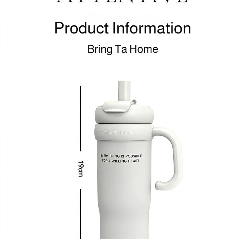 900ml Ceramic Interior Tumbler with Handle & Straw – 201 SS Shell, Dishwasher Safe, 24Hr Cold, Modern Minimalist, 3 Colors