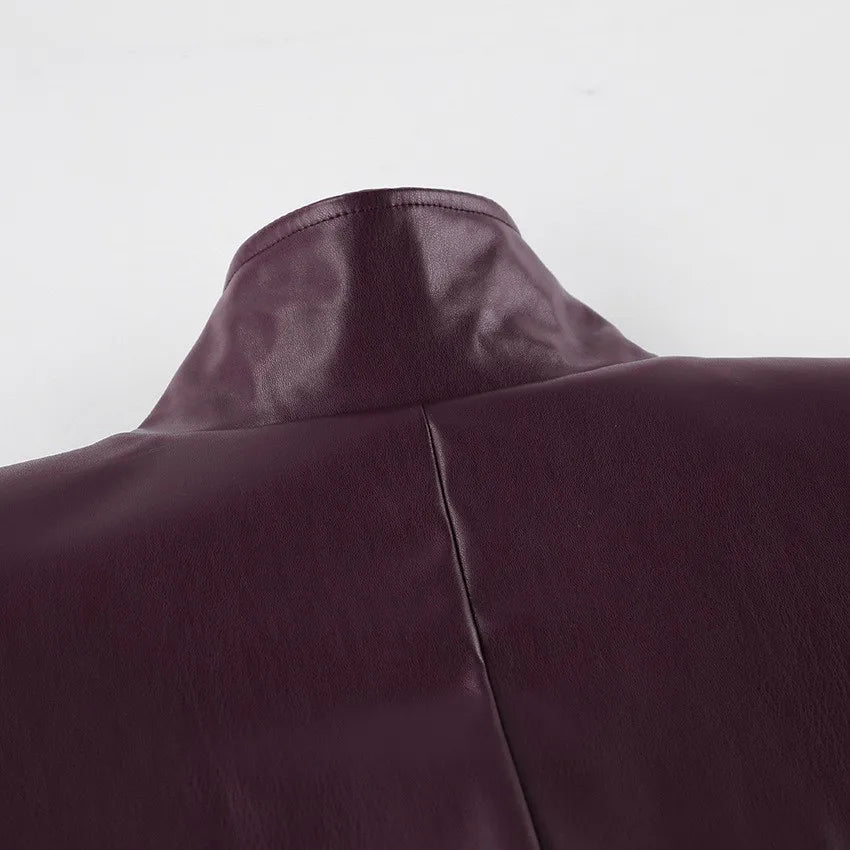 Women's Belted Faux Leather Jacket – Wine Red