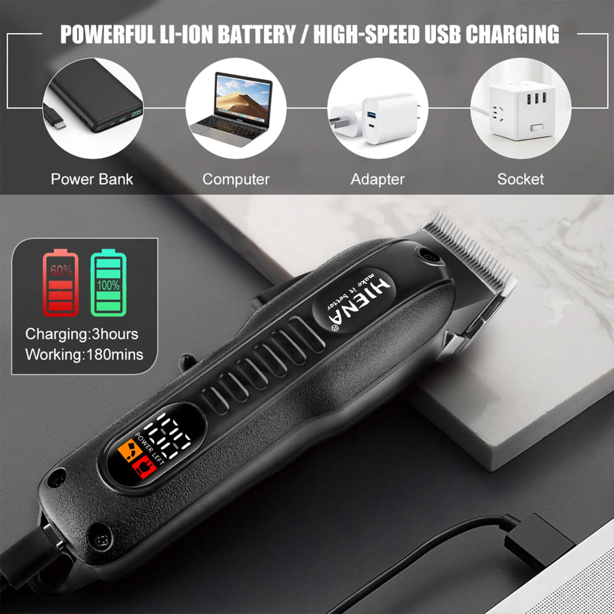 HYN-222 Professional Hair Clipper – Rechargeable, Stainless Steel Blade, 180-Min Battery, Washable Head
