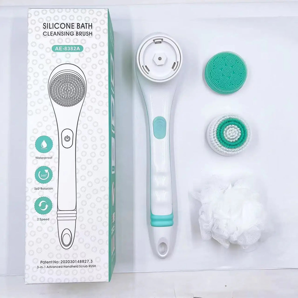 Electric Bath Brush with Long Handle – IPX6 Waterproof, 4 Replaceable Heads, Body Scrubber & Massager